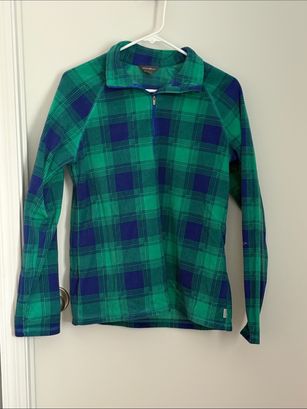 Eddie Bauer Green and Navy Plaid Quarter-Zip Fleece
